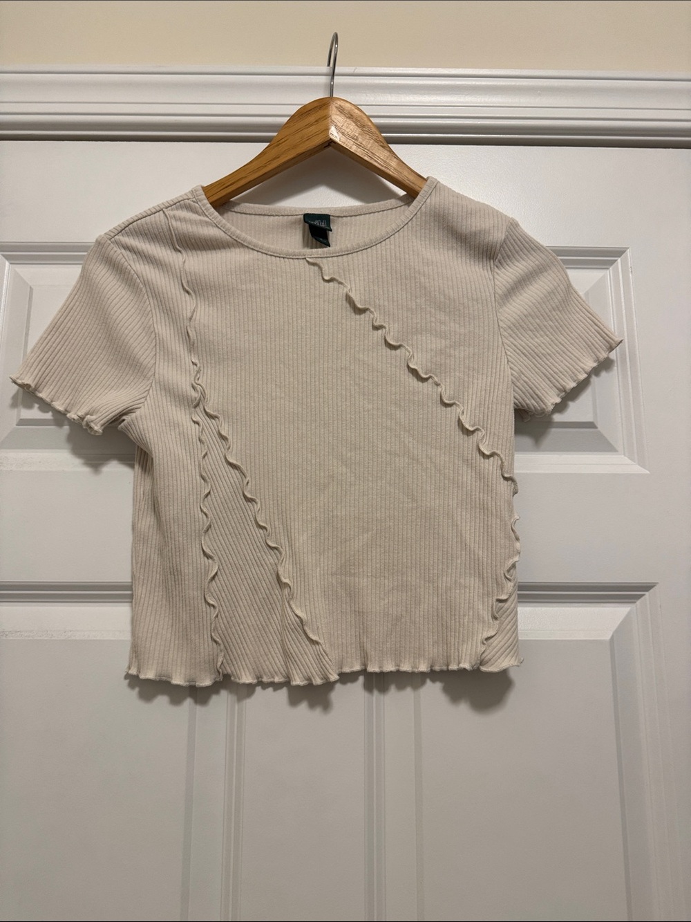 wild fable Cream Ribbed Short Sleeve Top with Diagonal Ruffle Detail